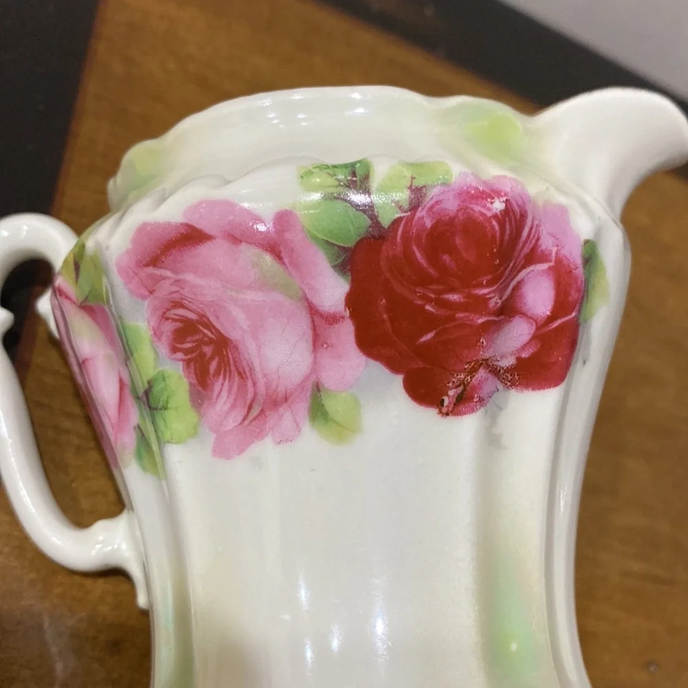 Antique Leuchtenburg Germany Porcelain Lusterware Roses Creamer & Sugar Bowl!